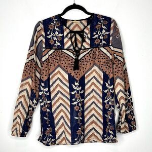 Matta Zaira Shell Blouse, Blue/Cream/Brown Cotton Tunic Long Sleeve Top Size M